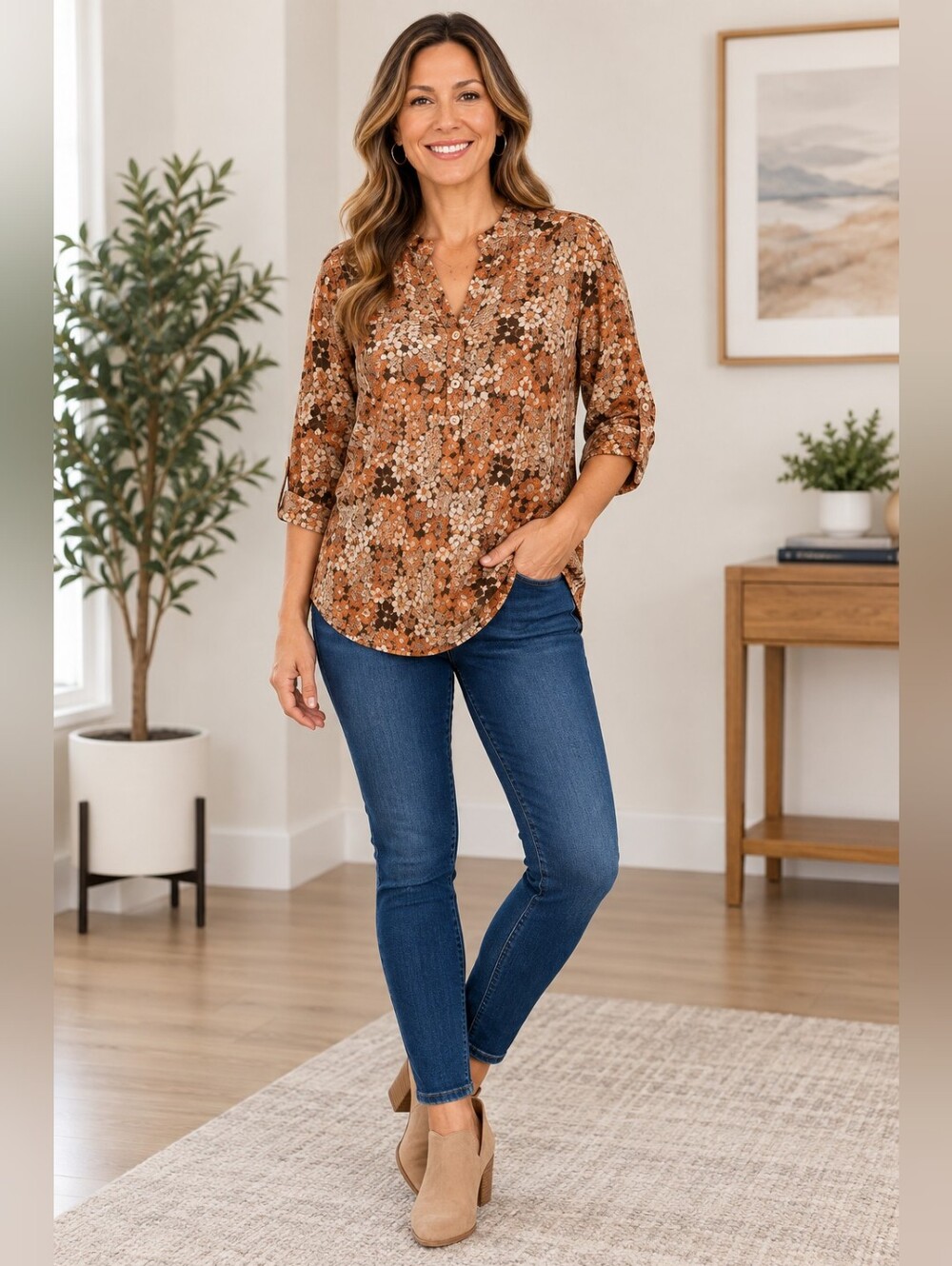 Roswear Brown Mandarin Collar Blouse 3/4 Sleeve Relaxed Fit Women’s XXL